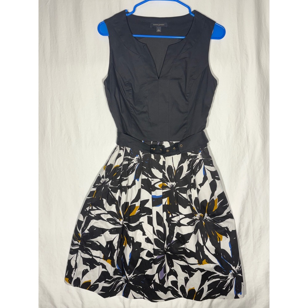 Banana Republic Floral Belted Fit & Flare Dress Black White Yellow Size 4